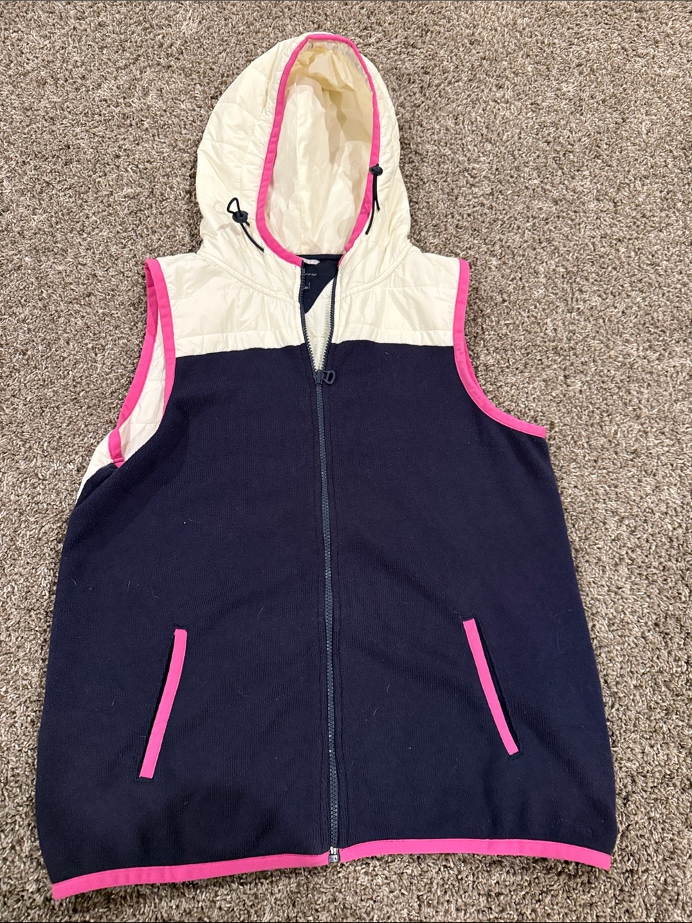 Tommy Hilfiger Cream Quilted Hooded Vest with Navy and Pink Trim